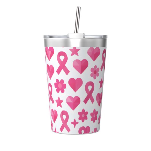 12oz Conical Thermal Insulation Cup 4.93.2in With Straw No Odor Insulation Effect Is Good For Party Camping Picnic Travel Modern Pink Ribbon Pattern With Geometric Elements
