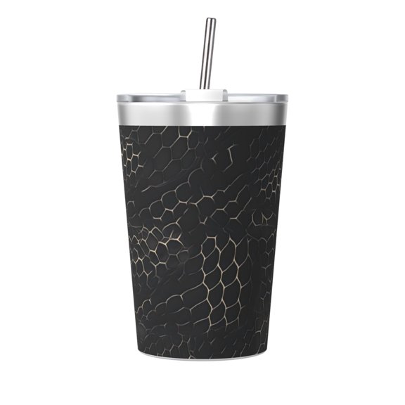 12oz Conical Thermal Insulation Cup 4.93.2in With Straw No Odor Insulation Effect Is Good For Party Camping Picnic Travel Snake Skin Print Style On The Backgroud Of Darkgray_3