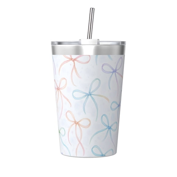 12oz Conical Thermal Insulation Cup 4.93.2in With Straw No Odor Insulation Effect Is Good For Party Camping Picnic Travel Watercolor Thin Rainbow Ribbon Bow Pattern