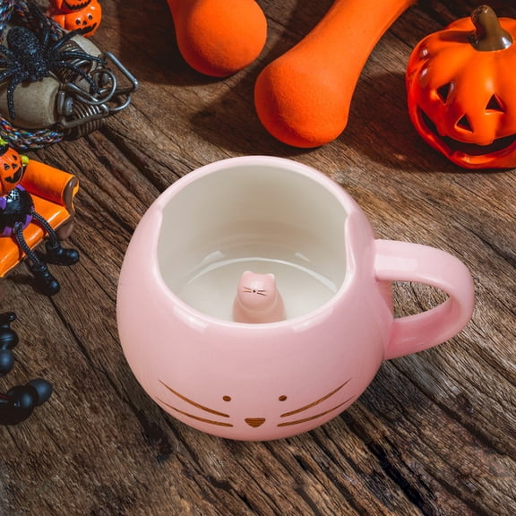 12oz Cute Cat Mug with Surprise 3D Kitten Inside - Ceramic Coffee Cup with Gold Whiskers - Lead-Free Dishwasher Safe Gift for Her - Pink