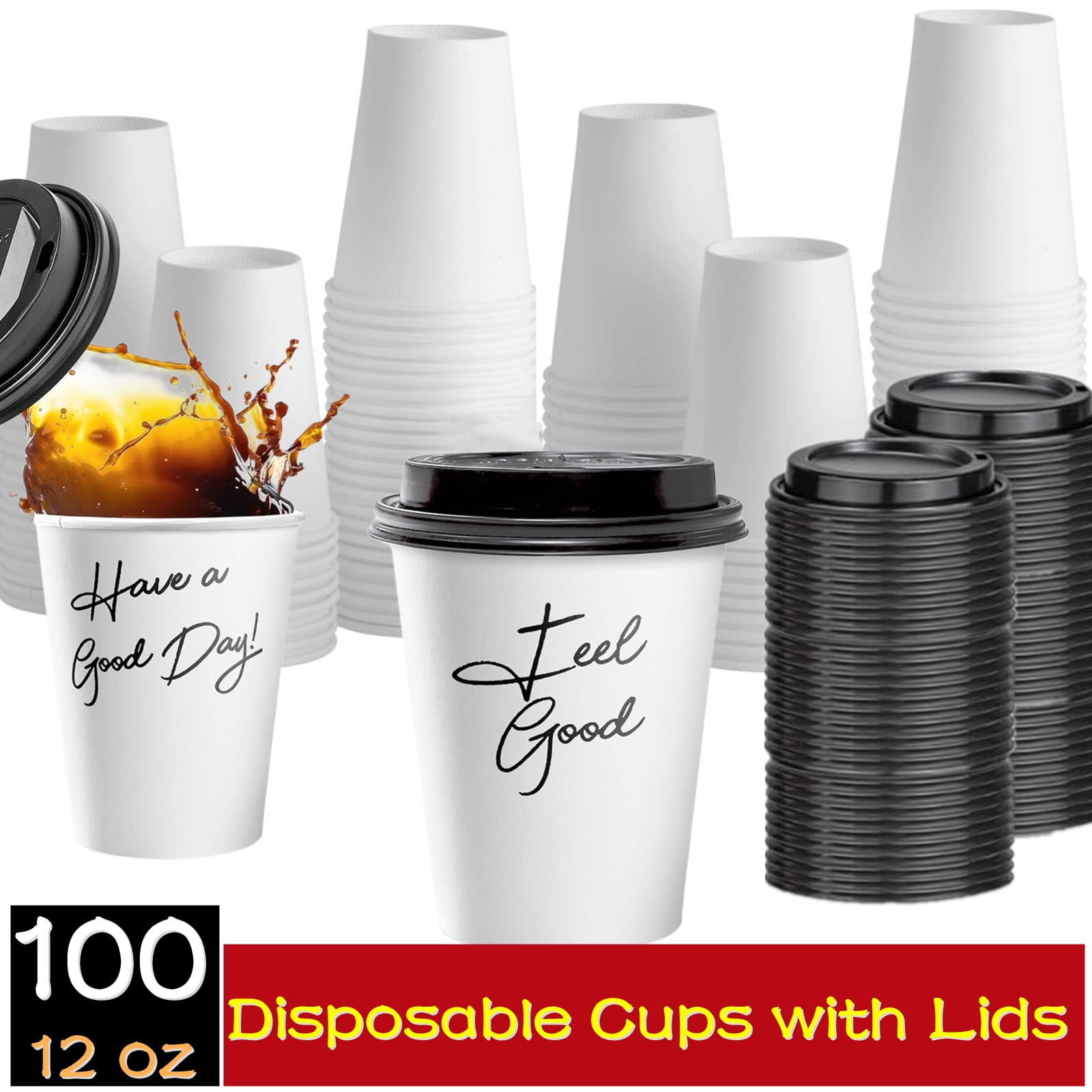 100 Pack 12 oz Paper Cups, Disposable Coffee Cups with Lids, To Go Hot ...