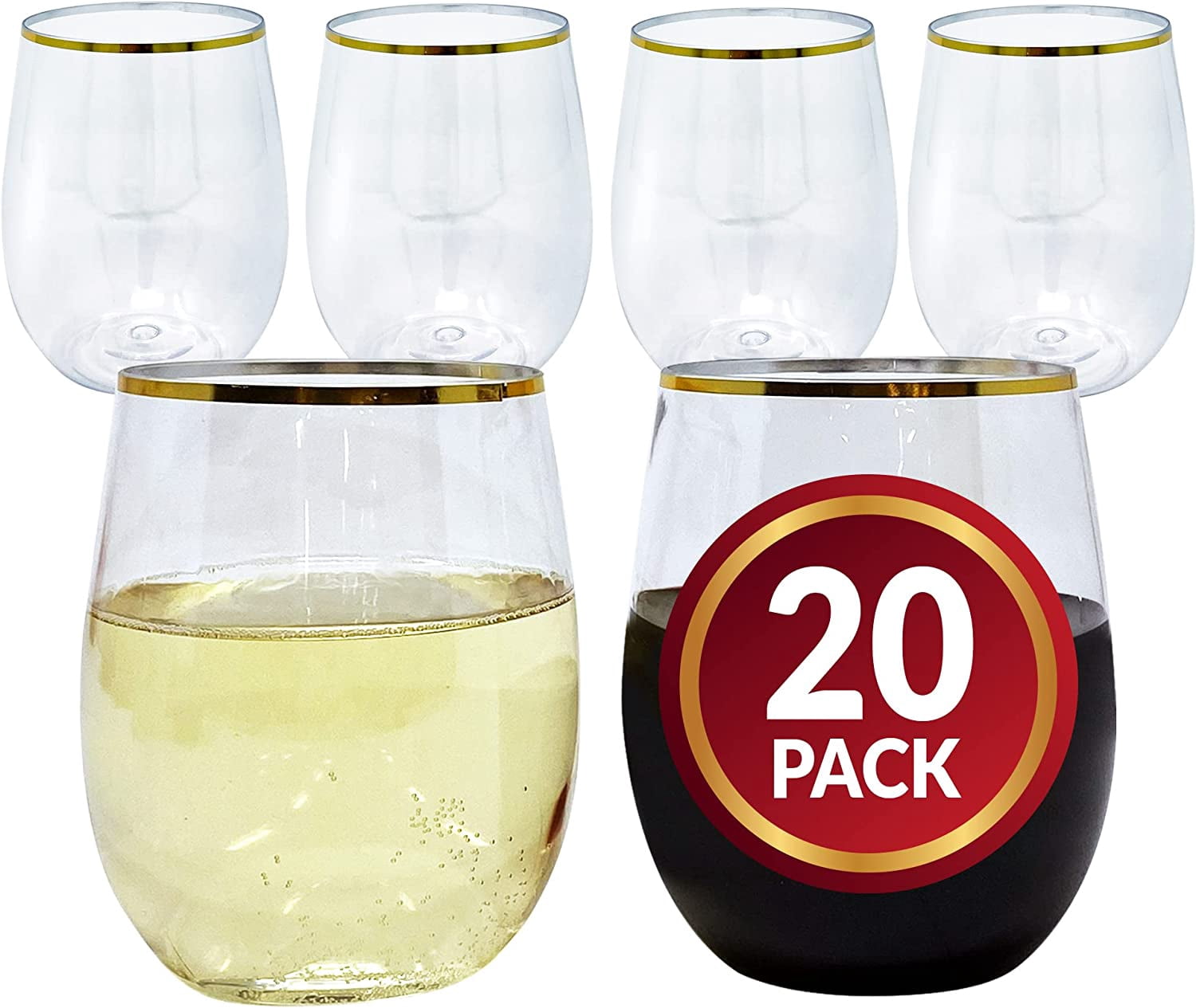 12oz. Disposable Wine Glasses Gold-Rim (20 Pack) Stemless Crystal Clear | Reusable & Recyclable BPA-Free Food-Grade Plastic | Shatterproof Party Cups for Juices, Cocktails, Whiskey Any Occasion