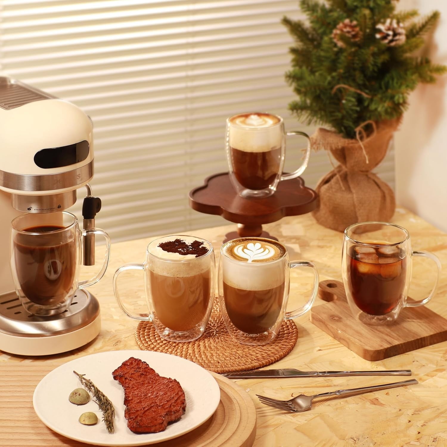 12oz Double Walled Glass Coffee Mugs(4-pack),Insulated Glass Mugs with Handle,Clear Espresso Cups for Latte,Cappuccino,Tea Bag