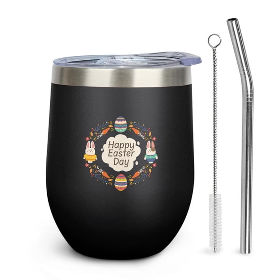 12oz Easter Egg Tumbler with Lid & Straw, Insulated Stainless Steel Wine Cup, [Easter Theme] Print