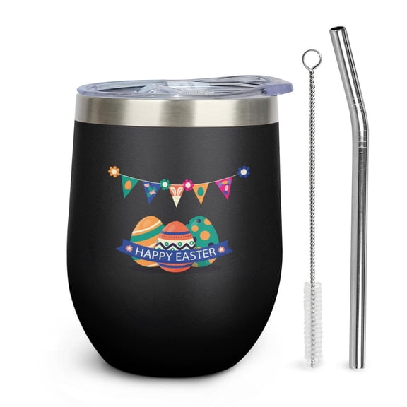 12oz Easter Egg Tumbler with Lid & Straw, Insulated Stainless Steel Wine Cup, [Easter Theme] Print