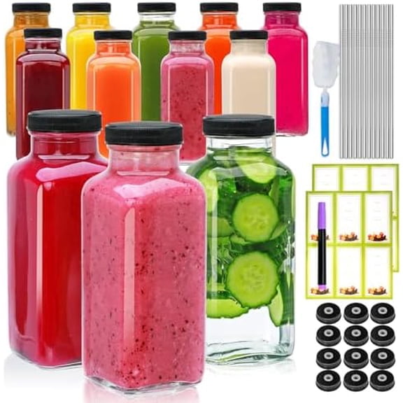 12oz Glass Bottles with lids,juice bottles gifts for women,glass bottles with lids,glass water bottles. Kit includes Stainless Steels Straws,Two Types of Lids,Cleaning Brush 12pcs