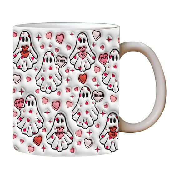 12oz Halloween Ghost Coffee Mug - Cute Pink Ceramic Ghost Heart Pattern Mug Coffee Cup Halloween Accessories Birthday Gifts for Kids Adult