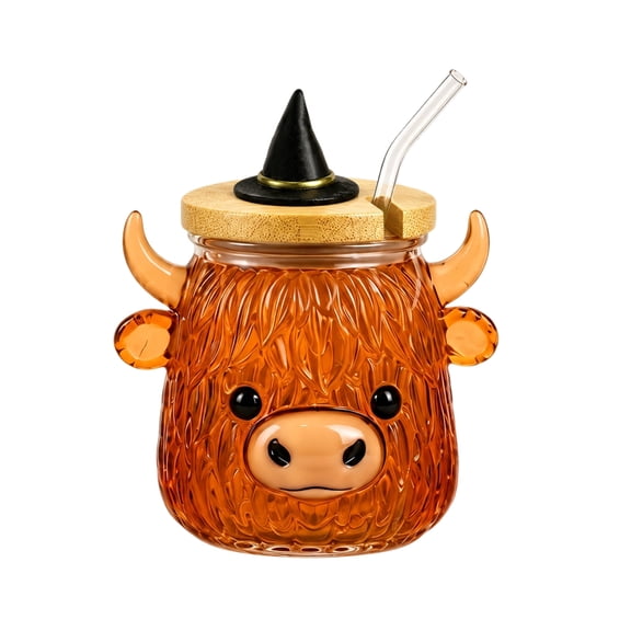12oz Halloween Highland Cow Glass Cup with Lid and Glass Straw Ghost Pumpkin Drinking Tumbler with Textured Animal Design