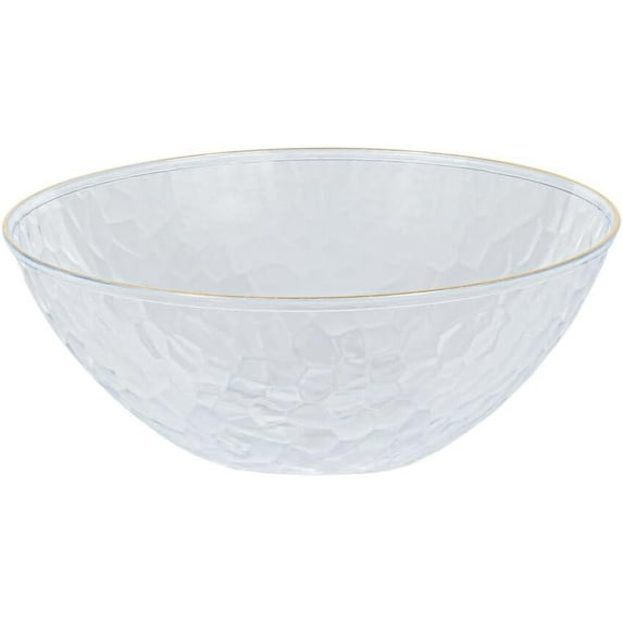 12oz Hammered Clear Plastic Round Bowls with Gold Rim - Disposable Translucent Plastic Soup Bowls, Heavy Duty Salad Bowls, Dessert Bowl, Baby Showers, Weddings, Birthday Party (20)