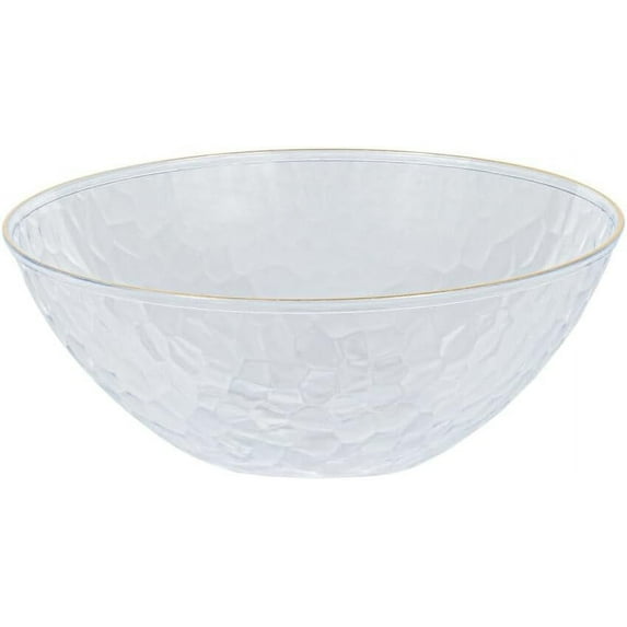 12oz Hammered Clear Plastic Round Bowls with Gold Rim - Disposable Translucent Plastic Soup Bowls, Heavy Duty Salad Bowls, Dessert Bowl, Baby Showers, Weddings, Birthday Party (10)