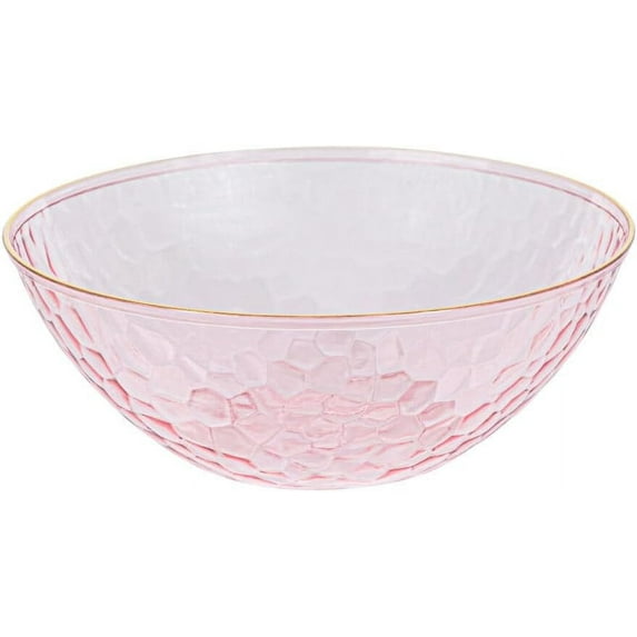 12oz Hammered Pink Plastic Round Bowls with Gold Rim - Disposable Translucent Plastic Soup Bowls, Heavy Duty Salad Bowls, Dessert Bowl, Baby Showers, Weddings, Birthday Party (80)