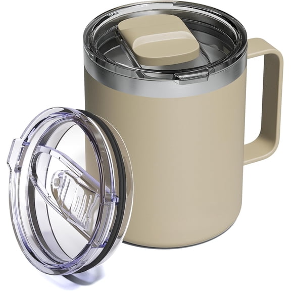 12oz Insulated Coffee Mug with Lid - Includes Two , Stainless Coffee Travel Mug with Handle, Double Wall Vacuum Insulated Camping Mug for , Office & Outdoor, Brown