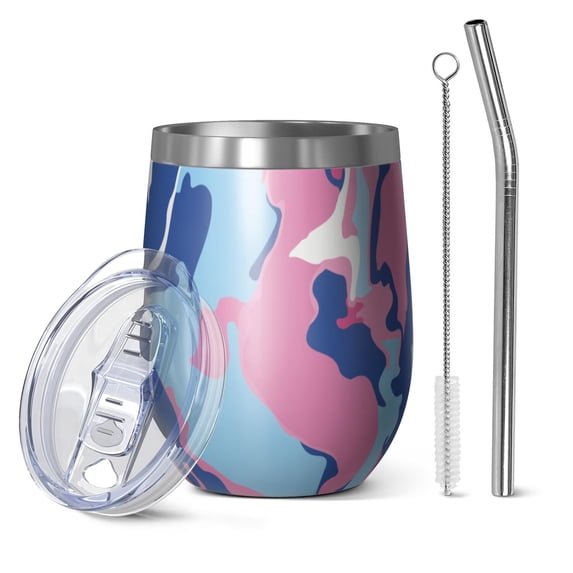 12oz Insulated Wine Tumbler with Lid & Straw, Stainless Steel Egg Shape Cup, Liquid & Marble Print