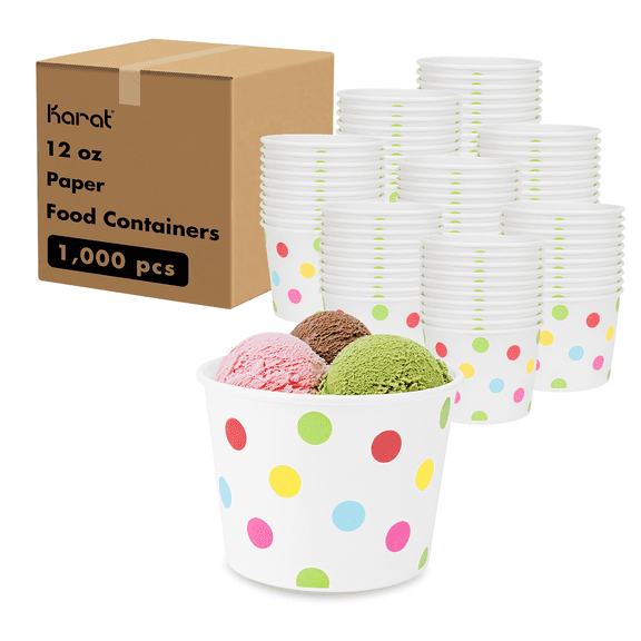 12oz Karat Double Poly Paper Hot/Cold Pink Food Container (Polka Dots) - 100mm (Yogurt Container), 1000 Pcs C-KDP12-D