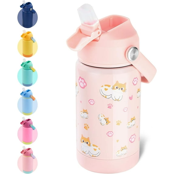 12oz Kids Water Bottle, Stainless Steel Insulated Water Bottle For Kids, Toddler Cup With Straws Leak-proof, Kids Water Bottles For School Boys Girls, BPA Free, Kitty