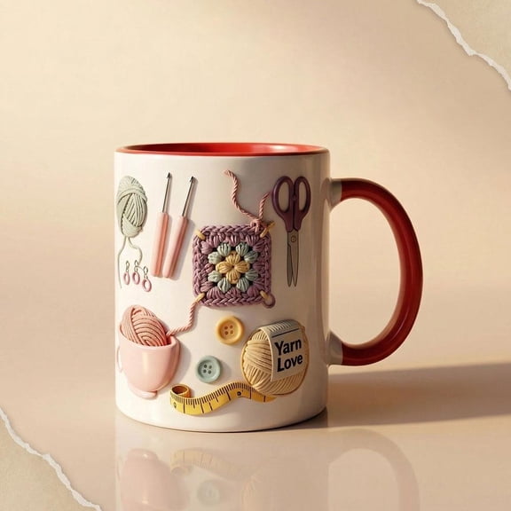 12oz Knitting Tool Ceramic Mug, 3D Illusion Yarn Love Coffee Cup for Crochet Lovers, Robust Tea Mug with Flat Print Weave Pattern, Thoughtful Gift for Crafters & Knitters