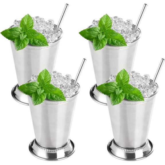 12oz Mint Julep Cups with Straws Set of 4, Stainless Steel Beaded Cups, Glasses for Cocktails Mixed Drinks, Metal Beer Juice Beverage Party Bar Home Restaurant