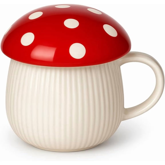 12oz Mushroom Shaped Ceramic Mug with Lid - Unique Colorful Cup for Coffee, Tea, Hot Chocolate & More, Non-Toxic Dishwasher Safe Creative Beverage Holder Lively Desk Decor for Home and Office