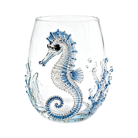 12oz Ocean Animal Glass Cup Glassware Marine Life Drinkware Jellyfish Shark Crab Seahorse Coastal Mug,2D - Blue Seahorse