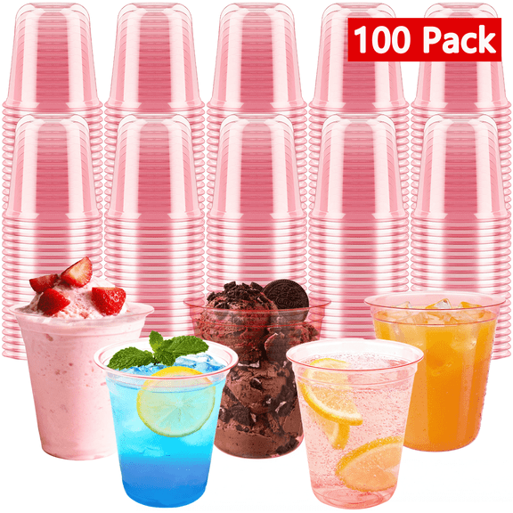 12oz Pink Plastic Cups,Disposable Cocktail Party Stemless Wine Glasses,Outdoor To Go Cups,100 Count