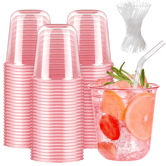 Wuxiuli 12oz Pink Plastic Party Cups with Straws Lightweight Cups 50 Pack