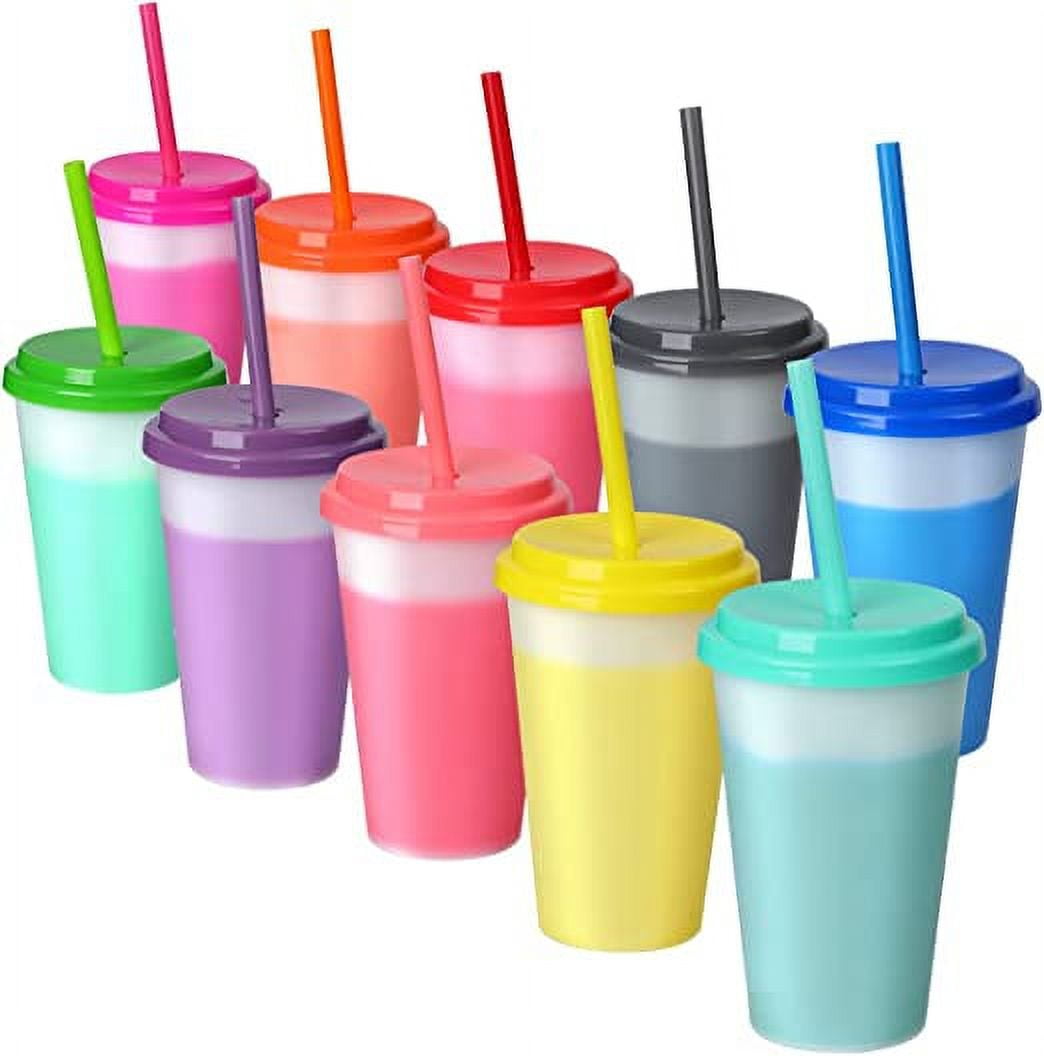 10 Pack Color Changing Plastic Cups with Lids and Straws - 24 oz Iced  Coffee Tea Smoothie