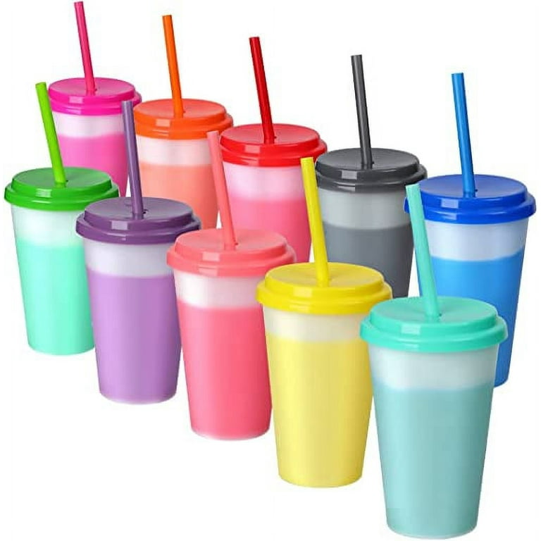 12oz Plastic Cups with Lids & Straws - 10 Pack Reusable Color Changing Cups  Kids Adults Drinking Cup