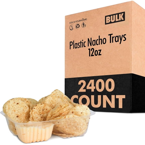 12oz Plastic Nacho Trays (2400 Pack) Small Disposable Tray for Nachos & Cheese Dip, Concession Stand Supplies, Movie Night Snacks for Kids, Carnival Party Decorations, Food Boats, Snack Containers