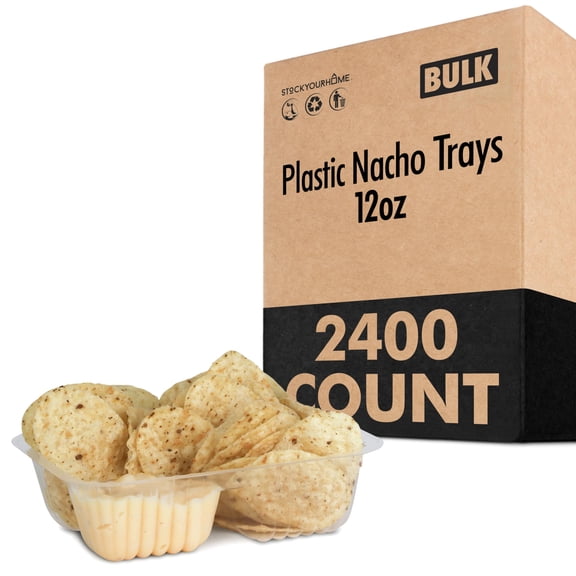 12oz Plastic Nacho Trays (2400 Pack) Small Disposable Tray for Nachos & Cheese Dip, Concession Stand Supplies, Movie Night Snacks for Kids, Carnival Party Decorations, Food Boats, Snack Containers