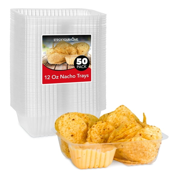 12oz Plastic Nacho Trays (50 Pack) Small Disposable Tray for Nachos & Cheese Dip, Concession Stand Supplies, Movie Night Snacks for Kids, Carnival Party Decorations, Food Boats, Snack Containers