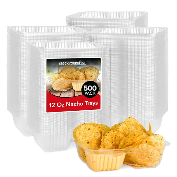12oz Plastic Nacho Trays (500 Pack) Small Disposable Tray for Nachos & Cheese Dip, Concession Stand Supplies, Movie Night Snacks for Kids, Carnival Party Decorations, Food Boats, Snack Containers