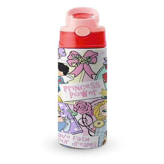 12oz Princes Water Bottle with Straw Lid Insulated Cartoon Stainless Steel Reusable Tumbler for Boys Girls
