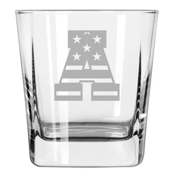 12oz Square Base Rocks Whiskey Glass American Flag Monogram (A)