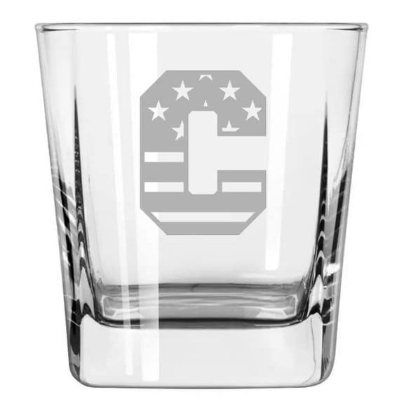 12oz Square Base Rocks Whiskey Glass American Flag Monogram (C)