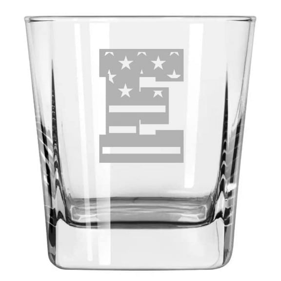 12oz Square Base Rocks Whiskey Glass American Flag Monogram (E)