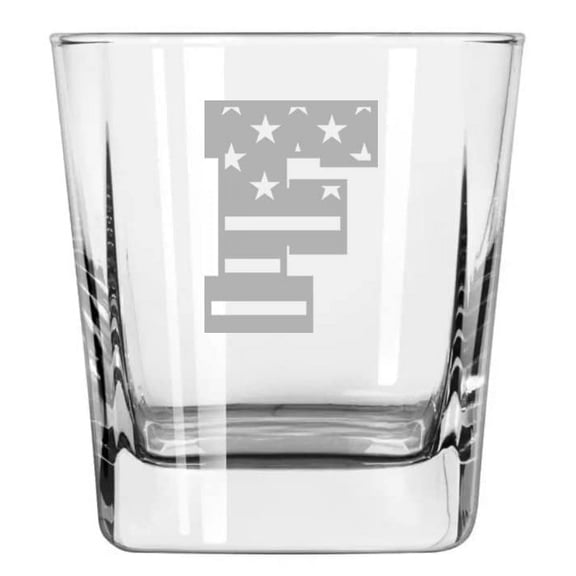 12oz Square Base Rocks Whiskey Glass American Flag Monogram (F)