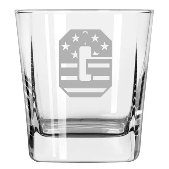12oz Square Base Rocks Whiskey Glass American Flag Monogram (G)