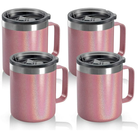 12oz Stainless Steel Insulated Coffee Mug with Handle, Double Wall Vacuum Tumbler Cup with Sliding Lid, PINK GLITTER, 4 Pack
