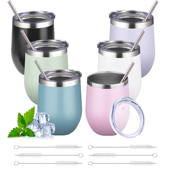 12oz Stemless Wine Tumbler with Lid Double Wall Insulated Wine Cup Stainless Steel Glasses Tumbler with Straw Insulated cocktail Tumbler Coffee Mug for Hot and Cold Beverages (Multicolor-9,6Pack)