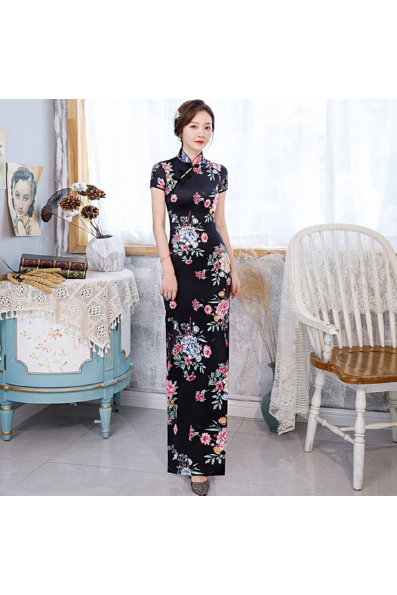 Black Long Cheongsam Dress Chinese Traditional Slim Dresses Wedding Costume Sexy Qipao Dress