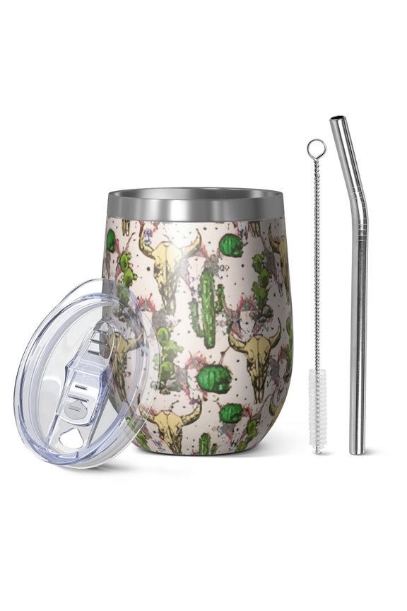 12oz Stemless Wine Tumblers Beige Buffalo Skull Cactus Pattern Vacuum Insulated Stainless Steel Travel Tumbler Cups Mug with Lid and Straw for Champaign,Cocktail,Beer with Cleaning Brush