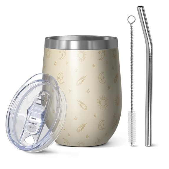 12oz Stemless Wine Tumblers Beige Celestial Pattern Vacuum Insulated Stainless Steel Travel Tumbler Cups Mug with Lid and Straw for Champaign,Cocktail,Beer with Cleaning Brush