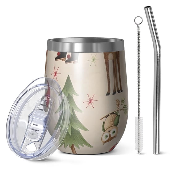 12oz Stemless Wine Tumblers Beige Christmas Santa and Animal Pattern Vacuum Insulated Stainless Steel Travel Tumbler Cups Mug with Lid and Straw for Champaign,Cocktail,Beer with Cleaning Brush