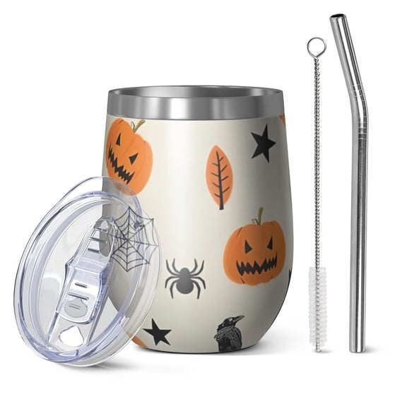 12oz Stemless Wine Tumblers Beige Halloween Pumpkins Ghosts and Bats Vacuum Insulated Stainless Steel Travel Tumbler Cups Mug with Lid and Straw for Champaign,Cocktail,Beer with Cleaning Brush