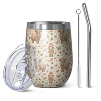 12oz Stemless Wine Tumblers Beige Highland Cow Doll Pattern Vacuum Insulated Stainless Steel Travel Tumbler Cups Mug with Lid and Straw for Champaign,Cocktail,Beer with Cleaning Brush