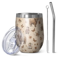 12oz Stemless Wine Tumblers Beige Highland Cow Figure Butterfly Pattern Vacuum Insulated Stainless Steel Travel Tumbler Cups Mug with Lid and Straw for Champaign,Cocktail,Beer with Cleaning Brush