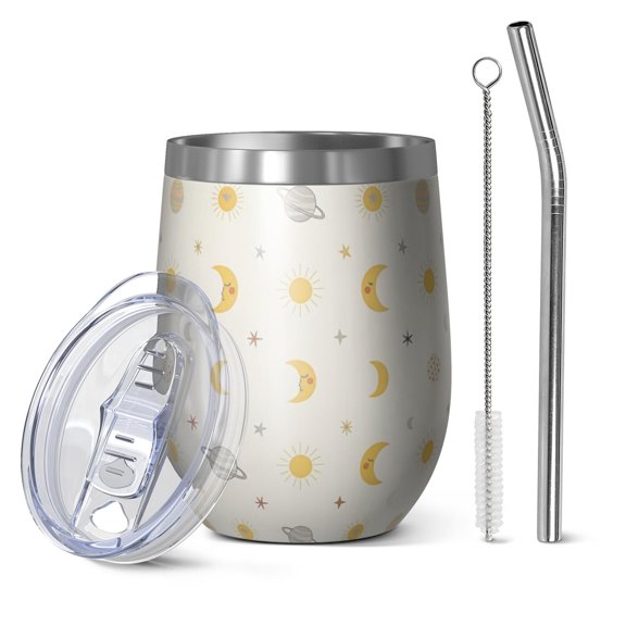 12oz Stemless Wine Tumblers Beige Sun Moon Planet Star Pattern Vacuum Insulated Stainless Steel Travel Tumbler Cups Mug with Lid and Straw for Champaign,Cocktail,Beer with Cleaning Brush