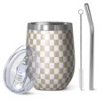 thumbnail image 1 of 12oz Stemless Wine Tumblers Beige and White Checkerboard Pattern Vacuum Insulated Stainless Steel Travel Tumbler Cups Mug with Lid and Straw for Champaign,Cocktail,Beer with Cleaning Brush, 1 of 5