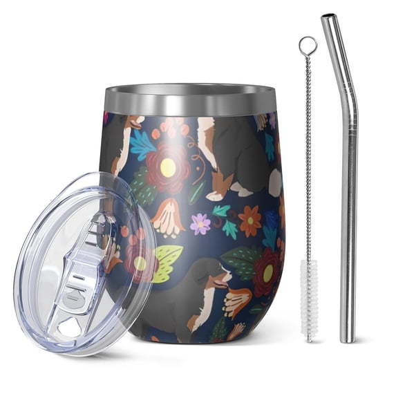 12oz Stemless Wine Tumblers Bernese Mountain and Flower Vacuum Insulated Stainless Steel Travel Tumbler Cups Mug with Lid and Straw for Champaign,Cocktail,Beer with Cleaning Brush
