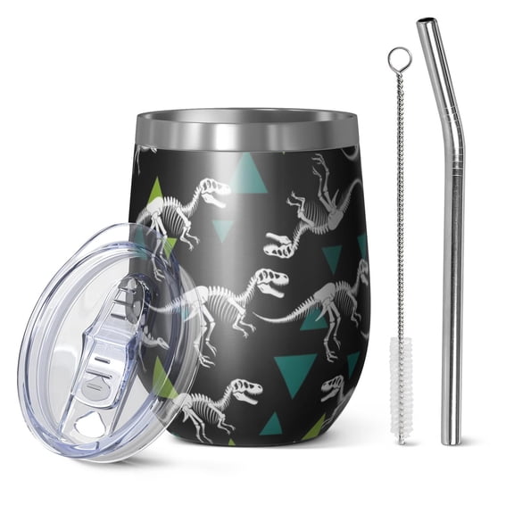 12oz Stemless Wine Tumblers Black Cartoon Dinosaurs Skeletons Triangles Vacuum Insulated Stainless Steel Travel Tumbler Cups Mug with Lid and Straw for Champaign,Cocktail,Beer with Cleaning Brush